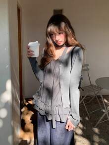 Plaid Camisole Knit Top Design 2 Pieces Set - Dark Grey - View 5