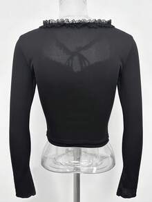 French Style Lace Patchwork Tie-Up Long Sleeve T-Shirt Women's Autumn Slim Fit Base Layer Top - Black - View 9