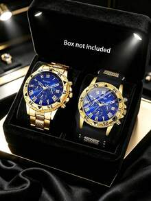 2pcs/Set Men's Gold Luxury Watch Set, Blue Dial Roman Numeral Three-Eye Gold Watch, One All-Gold Stainless Steel Band, One Gold Case Black Silicone Strap, Elegant Men's Accessory, Fresh For Summer, Suitable For Valentine's Day, Birthday, Father's Day As Luxury Gift For Boyfriend, Son - Multicolor - View 1