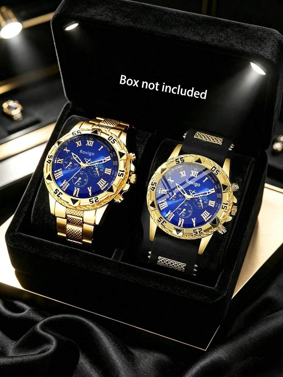 2pcs/Set Men's Gold Luxury Watch Set, Blue Dial Roman Numeral Three-Eye Gold Watch, One All-Gold Stainless Steel Band, One Gold Case Black Silicone Strap, Elegant Men's Accessory, Fresh For Summer, Suitable For Valentine's Day, Birthday, Father's Day As Luxury Gift For Boyfriend, Son - Multicolor - View 1
