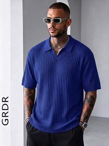 GRDR Suéter de punto de manga corta de unicolor para hombres, de moda para el verano - azul real - Ver 2