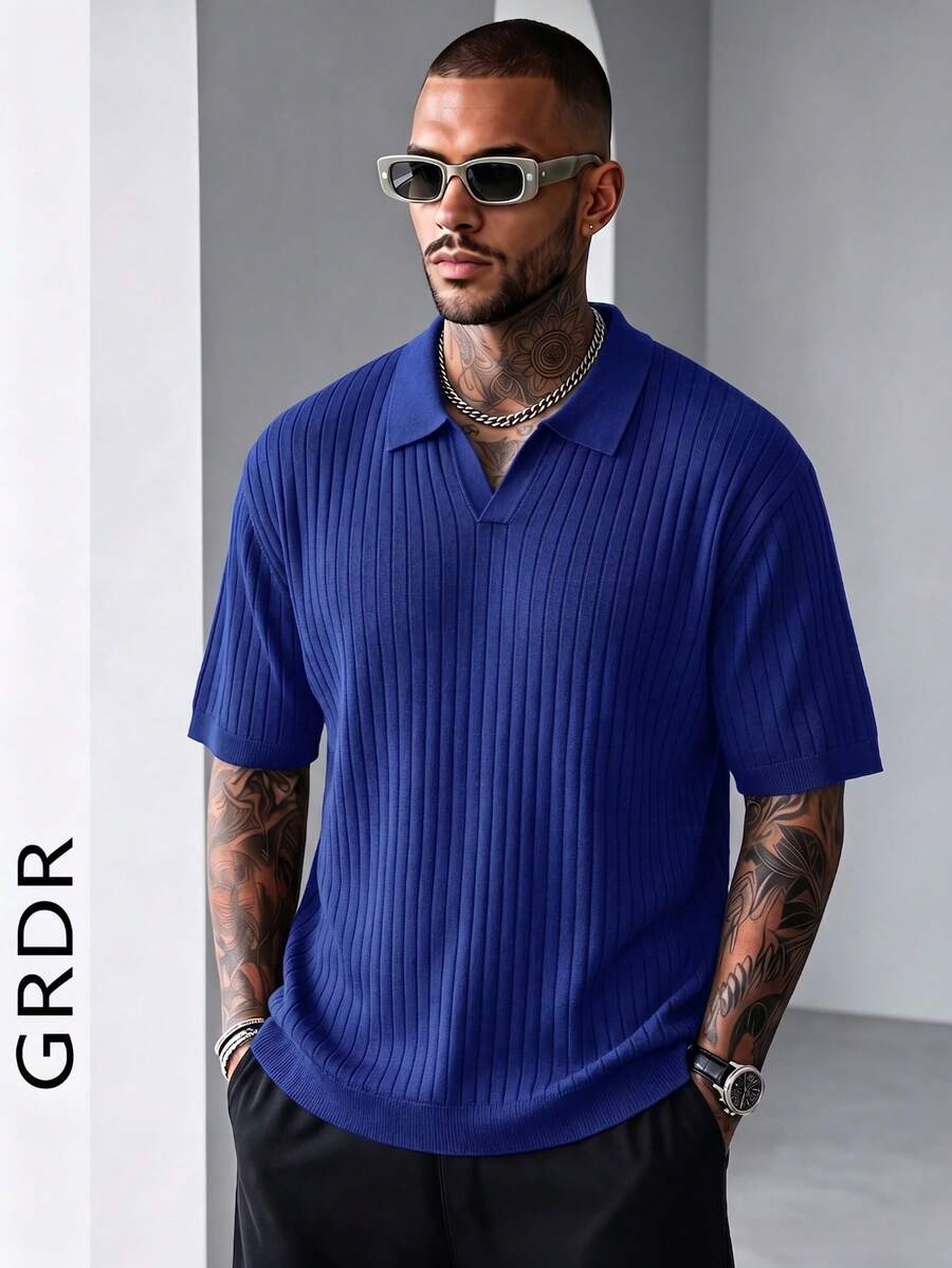 GRDR Suéter de punto de manga corta de unicolor para hombres, de moda para el verano