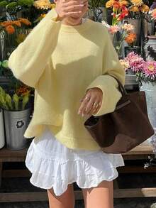 LUBI Spring/Autumn Minimalist Long Sleeve Crew Neck Loose Solid Color Pullover Sweater, Home And Casual Wear Yellow Fall - Yellow - View 5