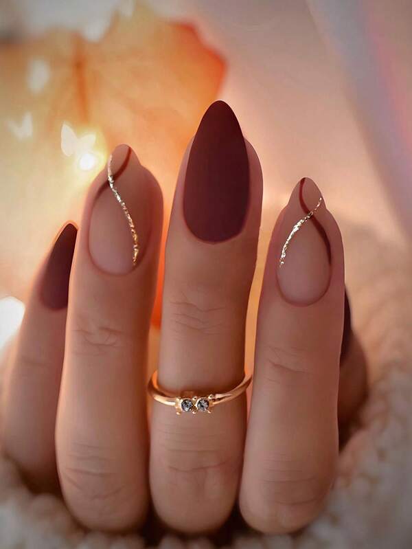 24pcs Matte Almond Shaped Press-On Nails, Gold And Red Stripes, Elegant Style, Nail Art Supplies For Women And Girls