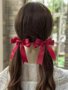 2pcs Girls Minimalist Versatile School Style Solid Color Bow Ribbon Ponytail Hair Clips, Suitable For Daily Wear And Back To School Season - 蝴蝶結髮夾 - 查看 4