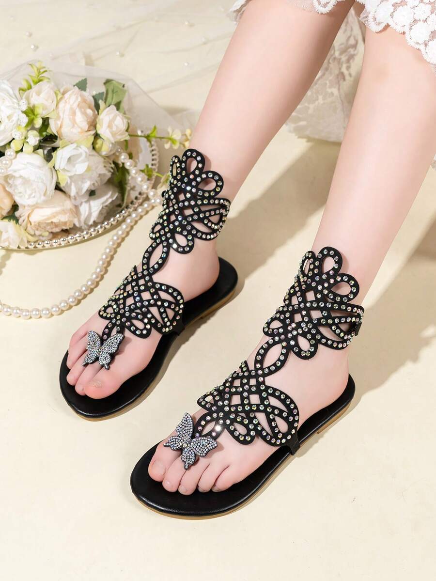 1 Pair Girls' Elegant Rhinestone Hollow-Out Gladiator Thong Sandals, Adjustable Ankle Strap Outdoor Walking Shoes - Black - View 1