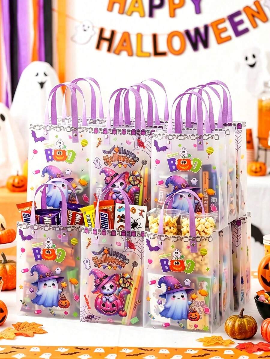 6er Set Halloween Geister Kürbis Cartoon transparente mattierte Geschenktüten, Halloween tragbare Geschenktüten, Trick or Treat Süßigkeiten Geschenktüten, Halloween Süßigkeiten Tüten, süße Halloween Party Geschenktüten, Geschenkverpackungstüten mit Griffen, wiederverwendbare tragbare Geschenktüten, transparente Party Geschenktüten, Halloween Dekorationen, Halloween Party Tischdekoration, Halloween Trick or Treat Dekorationen, Happy Halloween Dekorationen, Partyzubehör