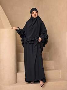 時尚百搭純色連帽蕾絲冰絲皺褶長款罩衫 2 件組 女款優雅柔軟 Abaya 外罩袍 + 連帽蕾絲披肩套裝 防曬穆斯林服飾披肩 - 黑色 - 查看 3