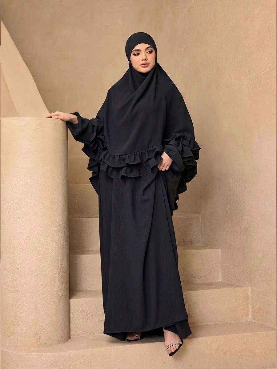 Fashionable Versatile Solid Color Hooded Lace Ice Silk Crinkled Long Robe 2-Piece Set Women's Elegant Soft Abaya Cover-Up Robe + Hooded Lace Shawl Set Sun Protection Muslim Clothing Shawl - Black - View 1