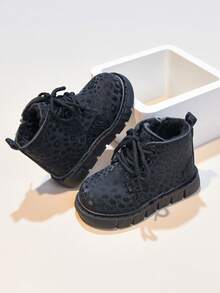 Girls' Stylish Leopard Print Ankle Boots, Autumn/Winter New Single Layer Leather Boots, Versatile Mid-To-Large Children's Boots, Boys' Leather Boots - Black - View 1