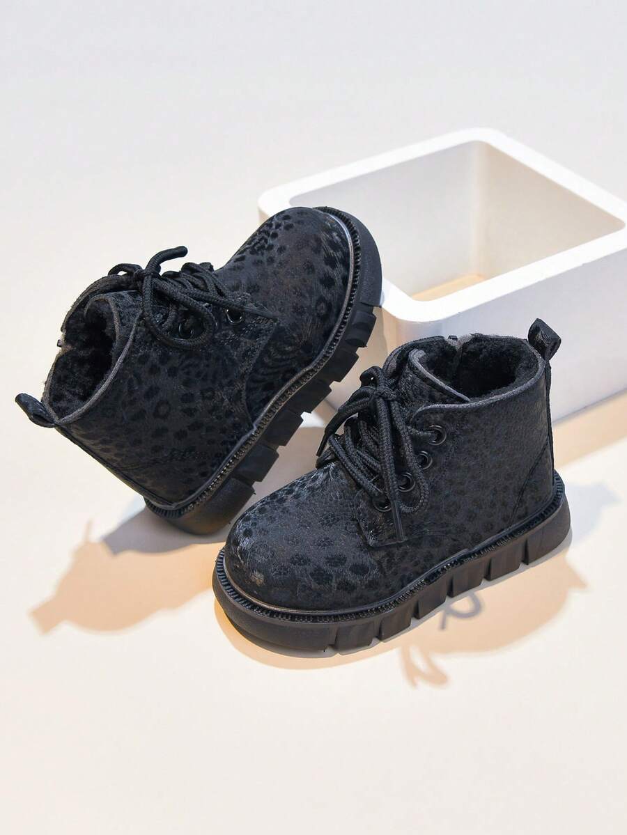 Girls' Stylish Leopard Print Ankle Boots, Autumn/Winter New Single Layer Leather Boots, Versatile Mid-To-Large Children's Boots, Boys' Leather Boots - Black - View 1