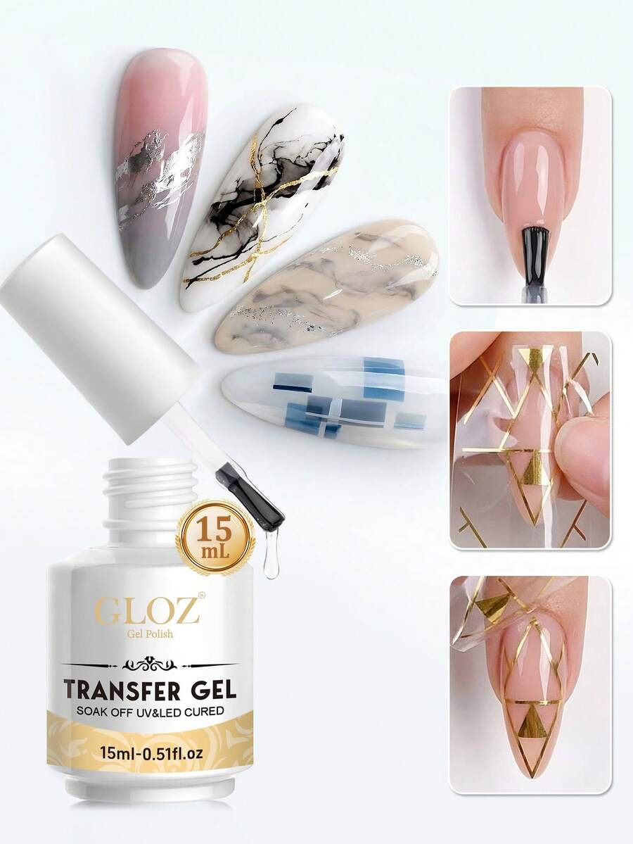 GLOZ 15ml Pegamento para Lámina de Uñas, Gel Pegamento para Lámina de Arte de Uñas, Pegamento para Lámina de Pegatinas de Uñas, Gel de Transferencia de Lámina de Uñas, Pegamento de Transferencia de Lámina de Uñas, Arte de Uñas Manicura DIY, Lámpara LED Requerida, Remoción por Remojo