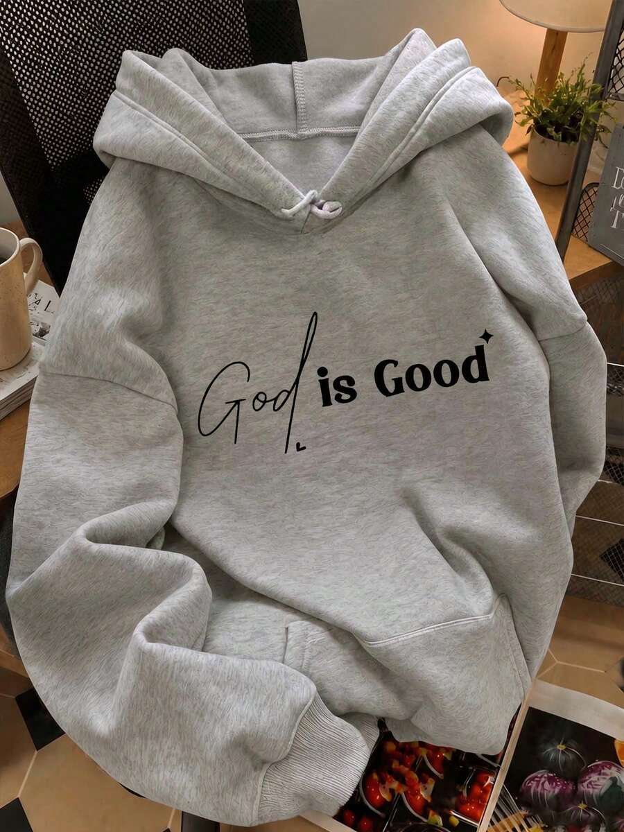 ZZG Es Trus 秋冬女款灰色大尺碼 Slay「God Is Good」字母印花 Y2K 抽繩連帽休閒街頭風運動衫 - 灰色 - 查看 1
