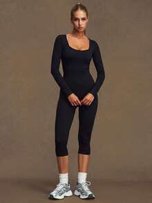 VVX Women's Capris Yoga Jumpsuit Square Neck Long Sleeve, Seamless Ribbed Tummy Control Solid Color Sportswear Workout Gym Jumpsuit Black - Black - View 7