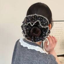 1 Piece Retro-Style Four-Layer Crocheted Hair Scrunchie With Black-And-White Contrasting Small Floral Prints And Korean Pleats, Lace Hair Tie - Multicolor - View 2
