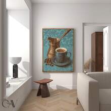 1pc Framed Canvas Wall Art, Vintage Turkish Coffee Cup And Coffee Beans Canvas Painting, Retro Blue Kitchen Decor, Atmospheric Cafe Home Wall Art, Suitable For Modern Home Decor, Room Decor, Dorm Decor, Bedroom Decor, Bathroom Decor, Kitchen Decor, Dining Room Decor, Living Room Decor, Office Decor, School Decor, Classroom Decor, Back To School Decor, Autumn Decor, Autumn Poster, Waterproof Poster, Great Gift - Multicolor - View 6