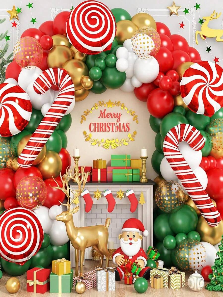 158 Piece Christmas Balloon Arch Set, Red Green White Gold Balloon Arch Set, Including Large Cane Candy Vortex Aluminum Foil Balloons, Christmas Party Decoration, Suitable For Christmas Parties - Christmas Balloon Set - View 1