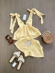 Conjunto de moda para mujer primavera/verano, conjunto de camisola y shorts para vacaciones.Negro elegante - Amarillo claro - Ver 3