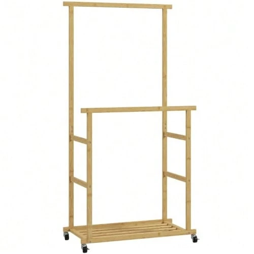 Rolling Clothes Rack, Wardrobe With Hanging Rail, Shoe Rack, Made Of Bamboo, 80 X 40 X 160 Cm, Natural - 自然色 - 查看 1