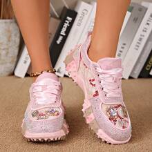 Women's Thick Sole Rhinestone Chunky Sneakers, Spring/Autumn New Style, Full Rhinestone Breathable Heavy-Duty Street Style Mesh Inlaid Rhinestone Niche Design Height-Increasing Fashion Sports Casual Shoes - Pink - View 2