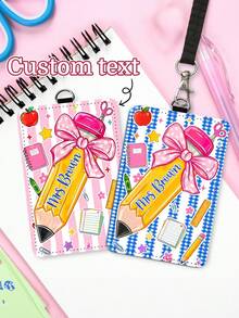 1pc Customized Pencil Bowknot Teacher Badge Pendant, Pink & Blue Plaid Striped Luggage Tag, ID Card Holder, Teacher Appreciation Gift, Back To School, New Job Gift - Multicolor - View 2