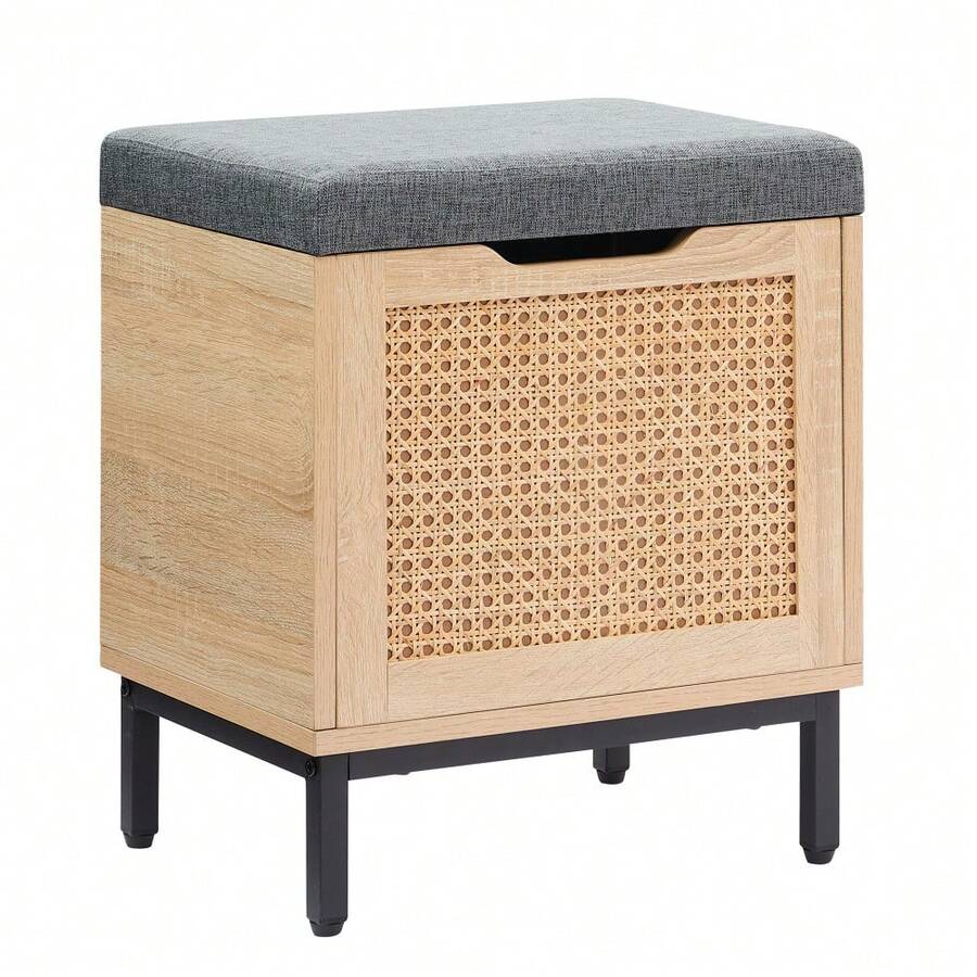 Banco zapatero multifuncional de ratán natural para entrada – Asiento acolchado – Tapa abatible – Almacenaje amplio para zapatos – Ideal para pasillo, dormitorio o salón - Negro - Ver 1