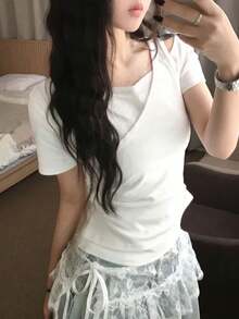 韓式女款夏季不對稱肩 2 合 1 修身百搭拼接短袖 T-shirt 白色休閒 - 白色 - 查看 3