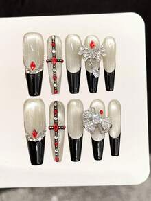 10pcs Handmade Coffin Shape Press-On Nails, Exquisite Fake Nails, High-End Black French Style, With Spherical Cat Eye, Layered Rhinestones, Cross And Wing Design, Elegant And Luxurious, Light Luxury Heavy Craftsmanship Handmade Wearable Nails, Suitable For Women - Champagne - View 12
