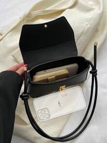 新款時尚女款腋下包，針織包搭配個性化金屬扣裝飾設計，單肩包，純色PU高級感 - 黑色 - 查看 6
