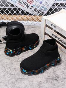 1 Pair Kids Colorful Sole High-Top Socks Shoes, Elastic Soft Bottom Outdoor Sports Shoes - Black - View 5