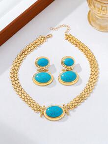 2pcs Bohemian Style Textured Turquoise & Gold Tone Necklace And Earrings Set, Elegant Jewelry Suit For Women, Suitable For Party, Banquet, Vacation And Commute - Blue - View 6