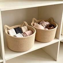 Cesta de almacenamiento de escritorio tejida a mano con orejas de gato en color caqui, cesta multifuncional de mano - Caqui - Ver 7