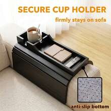 Bamboo Couch Cup Holder Anti-Slip Foldable Sofa Armrest Tray Organizer With 3 Grooves For Drinks Snacks Remote Multi-Size Fit Sturdy Durable Easy To Store Black For Living Room Home Office - Black - View 3