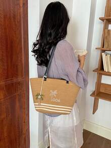 Borsa tote in paglia da donna, ricamo di alberi di cocco con ciondolo di perline, borsa a spalla casual estiva da spiaggia - Cachi - Visualizzare 5