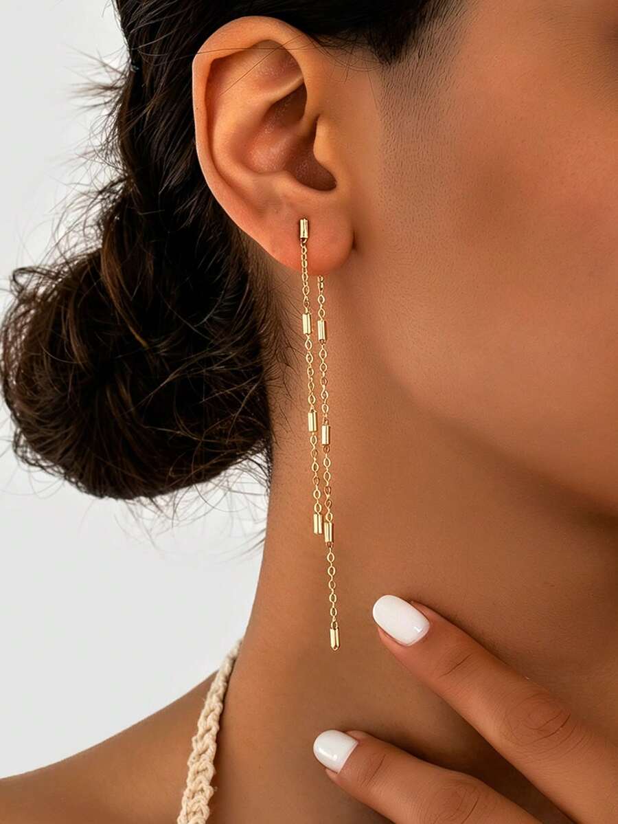 1 Pair Women's Versatile Long Cylinder Chain Tassel Earrings, Front And ...