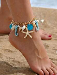 1 Peça Tornozeleira Estilo Praia Boêmio com Cavalo-Marinho Azul & Concha e Pérola Falsa, Tornozeleira Elegante com Contas, Projetada para Mulheres, Escolha Perfeita de Presente - Azul - Visão 1