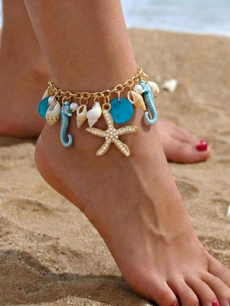 1 Peça Tornozeleira Estilo Praia Boêmio com Cavalo-Marinho Azul & Concha e Pérola Falsa, Tornozeleira Elegante com Contas, Projetada para Mulheres, Escolha Perfeita de Presente - Azul - Visão 1