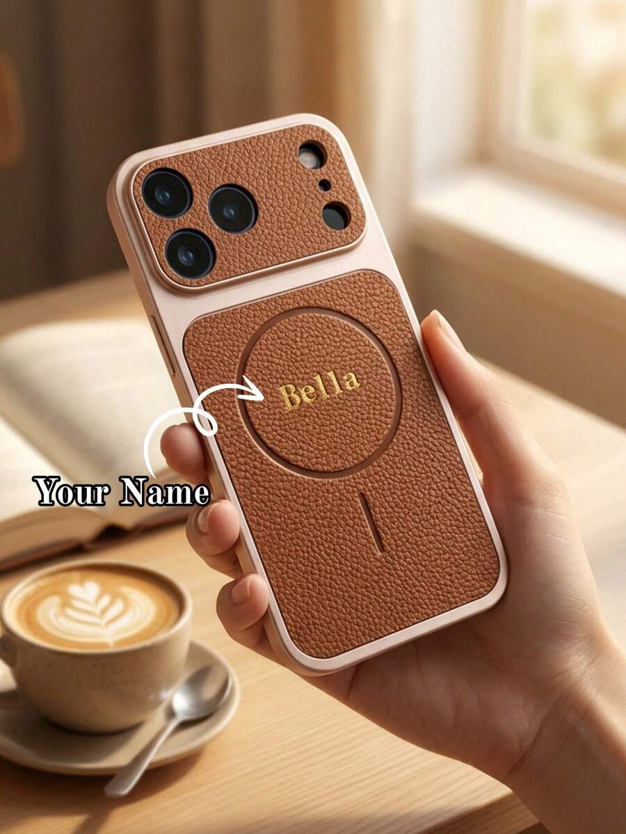 Étui de téléphone personnalisé en cuir synthétique à texture de litchi avec nom en feuille d'or, cadre électrolytique argenté, découpe complète de la caméra à grand trou, coque de protection antichoc, anti-chute, anti-rayures et anti-empreintes, convient pour iPhone 17 16 15 Pro Max, style luxe discret, étui de téléphone personnalisé avec lettres, cadeau pour femmes, hommes et travailleurs de bureau - Tabac - Voir 1