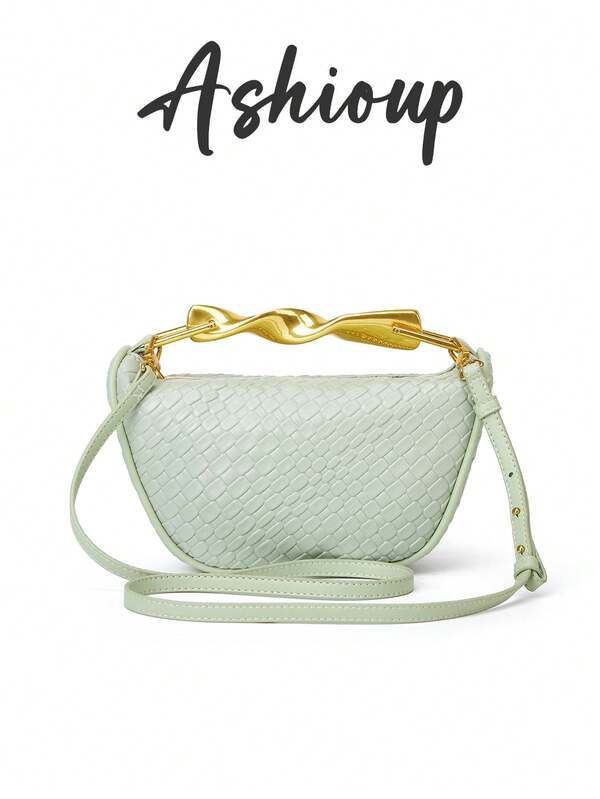 Metal Handle Mini Crossbody Zipper Woven Bag Beach Woven Adjustable Shoulder Strap