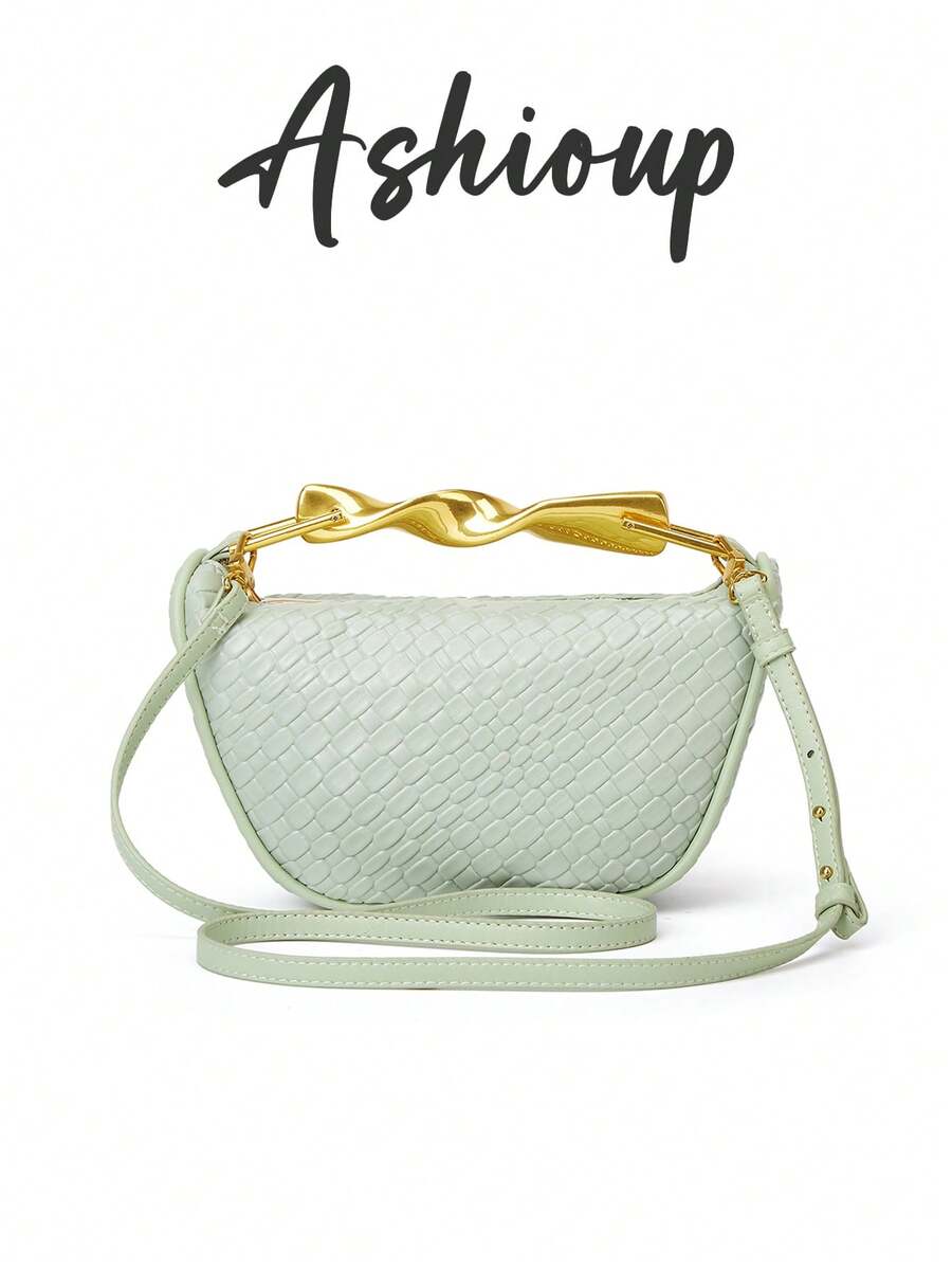 金屬手把迷你斜背拉鍊編織包,海灘風編織可調節肩帶 - 薄荷綠 - 查看 1