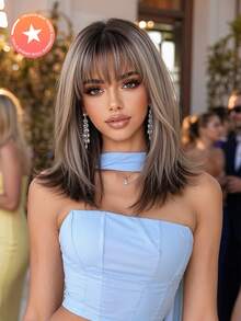 FIVE STARS Fashionable 16-Inch Gray Highlights Straight Synthetic Wigs With Neat Bangs: Natural-Looking And Heat Resistant For Party Cosplay Daily Use - Multicolor - View 2