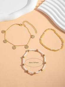 3pcs/Set Children Simple Kids Gold-Tone Circular Pendant Tassel Beaded Anklet For Suitable For Daily Wear And Vacation - Multicolor - View 2