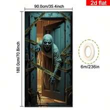 1 pieza Pancarta de puerta de casa de madera rota abierta con fantasma zombi de Halloween, patrón de fantasma de pelo largo y dientes afilados, decoración de fiesta de Halloween, cortina de puerta para interiores y exteriores, víspera de Todos los Santos, celebración festiva. - A - Ver 3