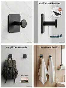 4pcs Matte Black Self-Adhesive Wall Hooks, Drill-Free Waterproof Heavy Duty Adhesive Hooks, 10kg Load Capacity, Multi-Purpose Hooks Suitable For Bathroom Towels, Bathrobes, Kitchen, Hats - Multicolor - View 2