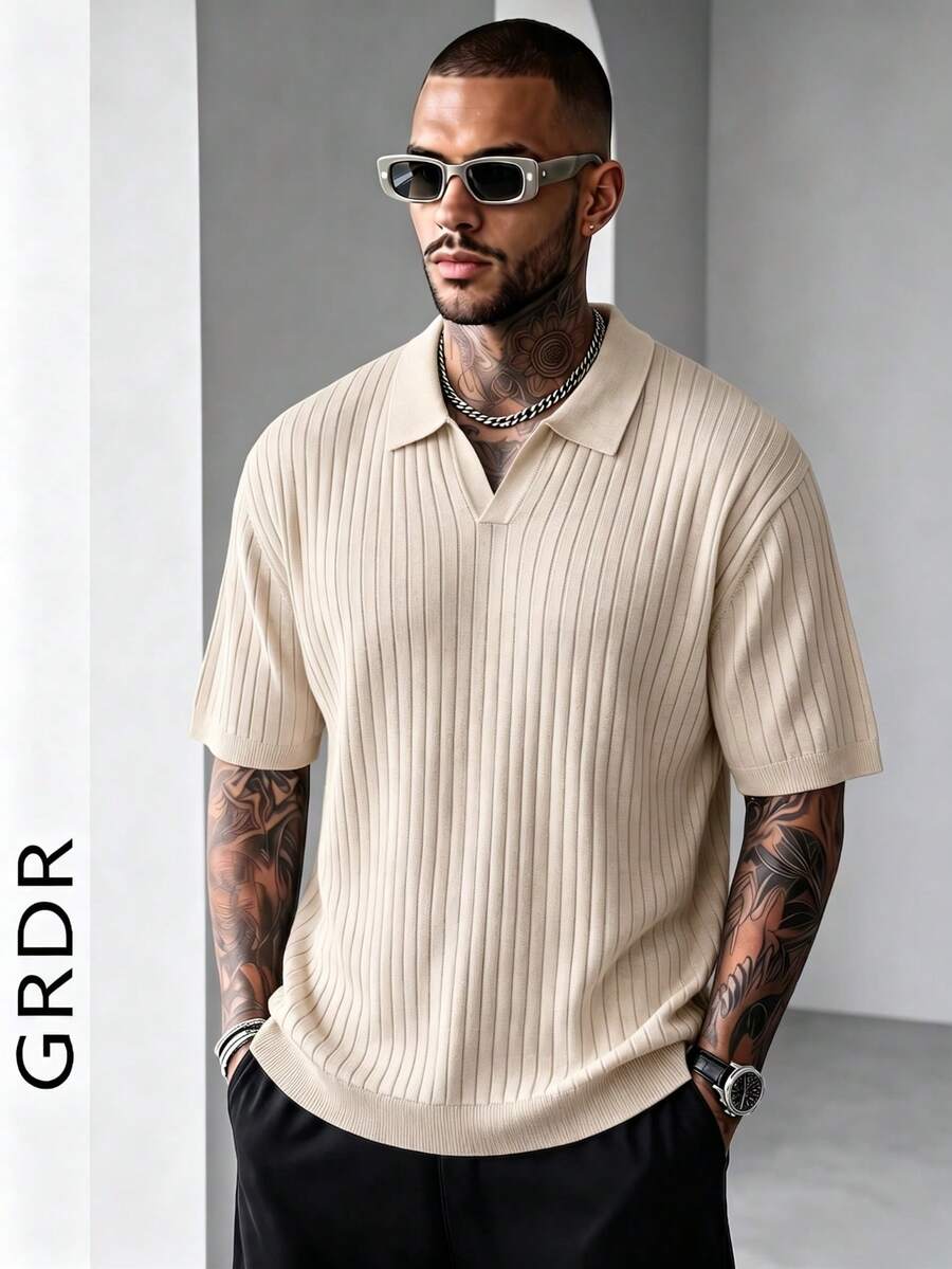 GRDR Men's Solid Color Short Sleeve Knit Sweater, Fashionable For Summer