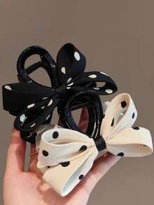 2Pcs/1pc Polka Dot Bow Hair Claw Clip Set, Black & Beige Large Bow Hair Clips, Elegant Hair Accessories For Women Daily Outfit - Multicolor - View 5