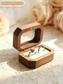 Custom Walnut Double Ring Box, Engravable Wooden Ring Holder, Wedding Ceremony Ring Box, Romantic Proposal Ring Box - Multicolor - View 3