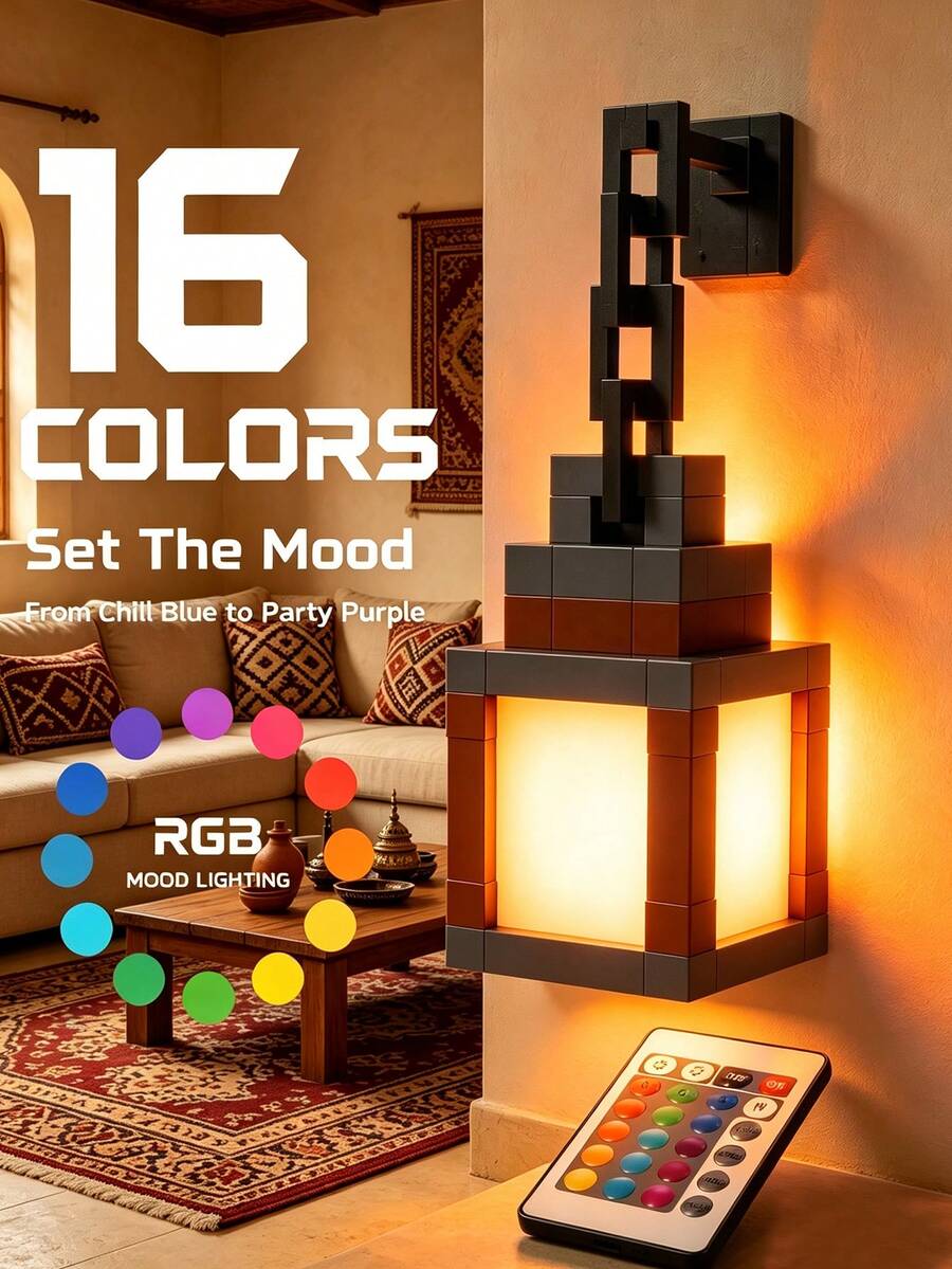 16 Color RGB Pixel Lantern Night Light, USB Rechargeable, Remote Control Wall-Mounted Desktop Lamp, Bedroom Game Room Decor Gift, With Hanging Chain Dual-Use Light, Suitable For Bedroom, Game Room, Party And Cosplay Decoration