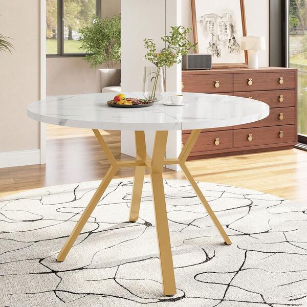 Modern Round Marble Dining Table Black And White, Metal X-Shape Side Table