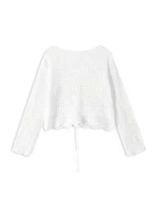 Hollow Out V-Neck Drawstring Cropped Long Knit Cover Up For Women, Random Patchwork White - White - View 6